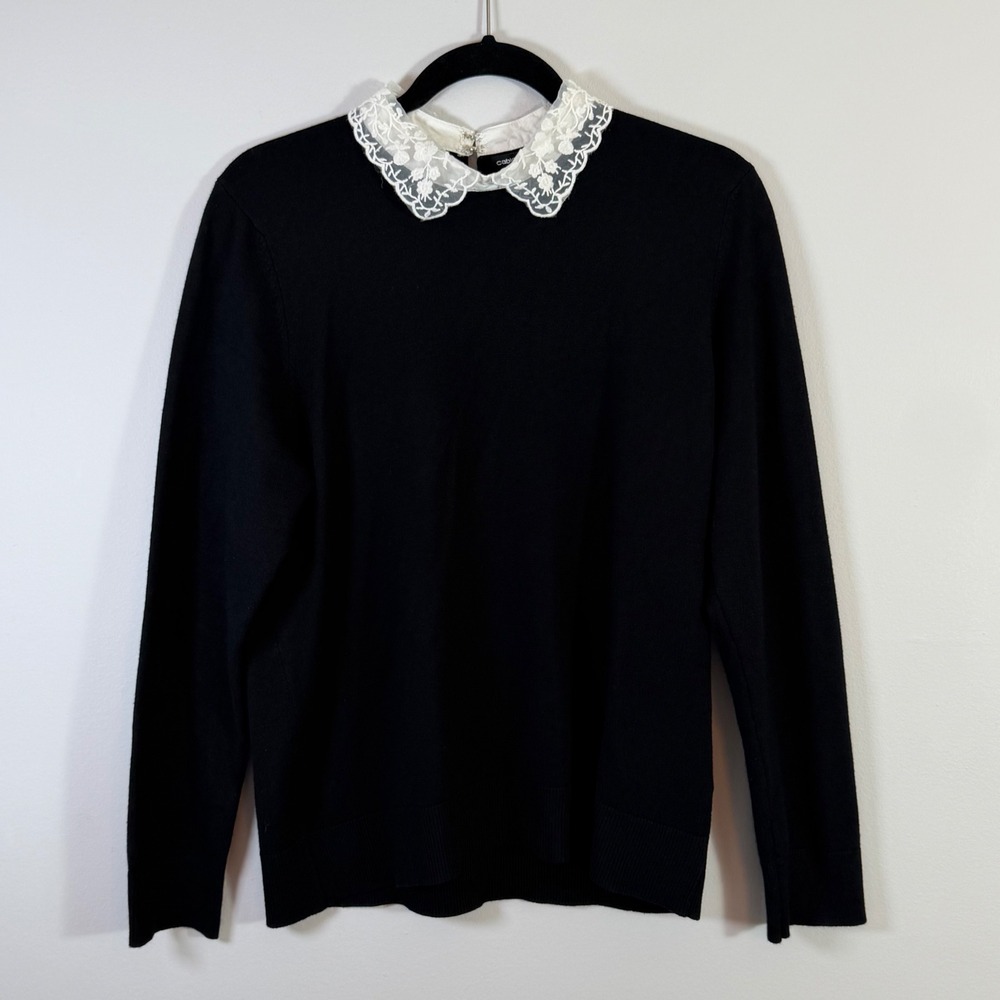 Cable & Gauge Black Cotton Sweater White Lace Peter Pan Collar Whimsigoth XL